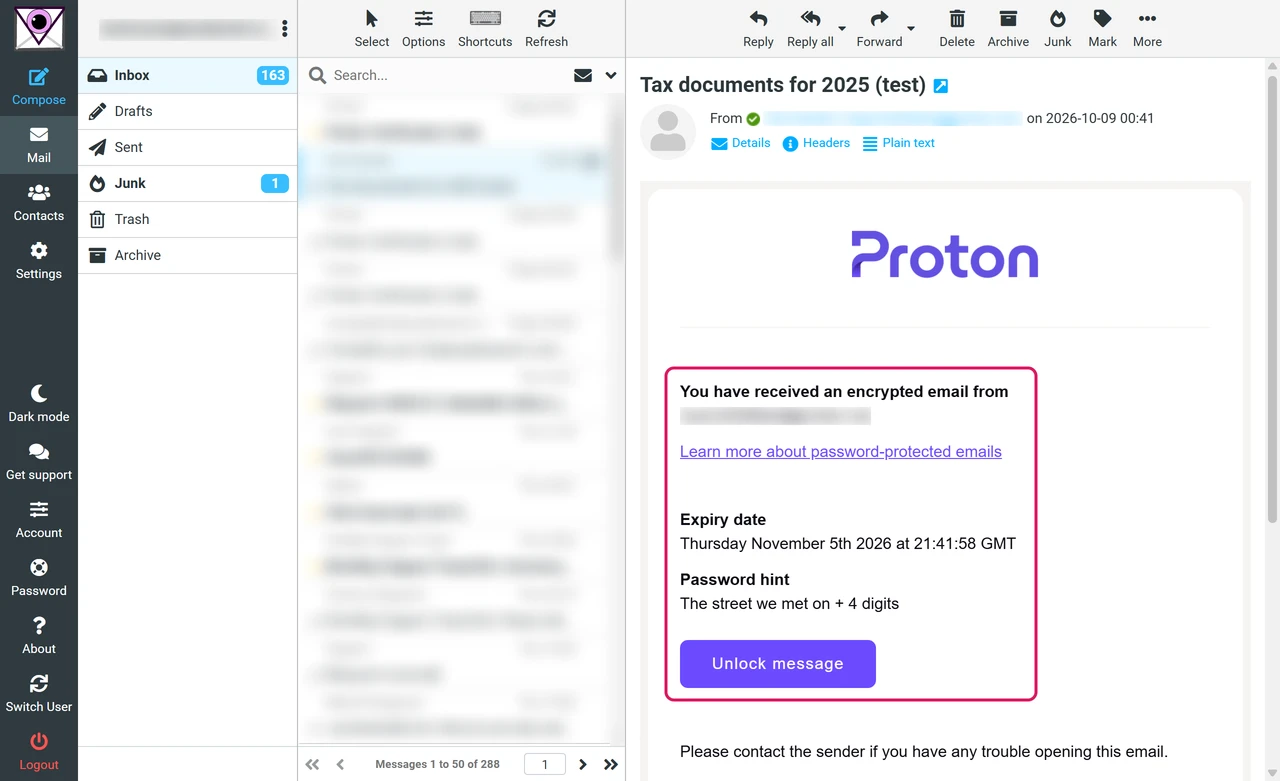 Email in a non-Proton inbox saying You have received an encrypted email, with the expiry date, the password hint and a button to open the message