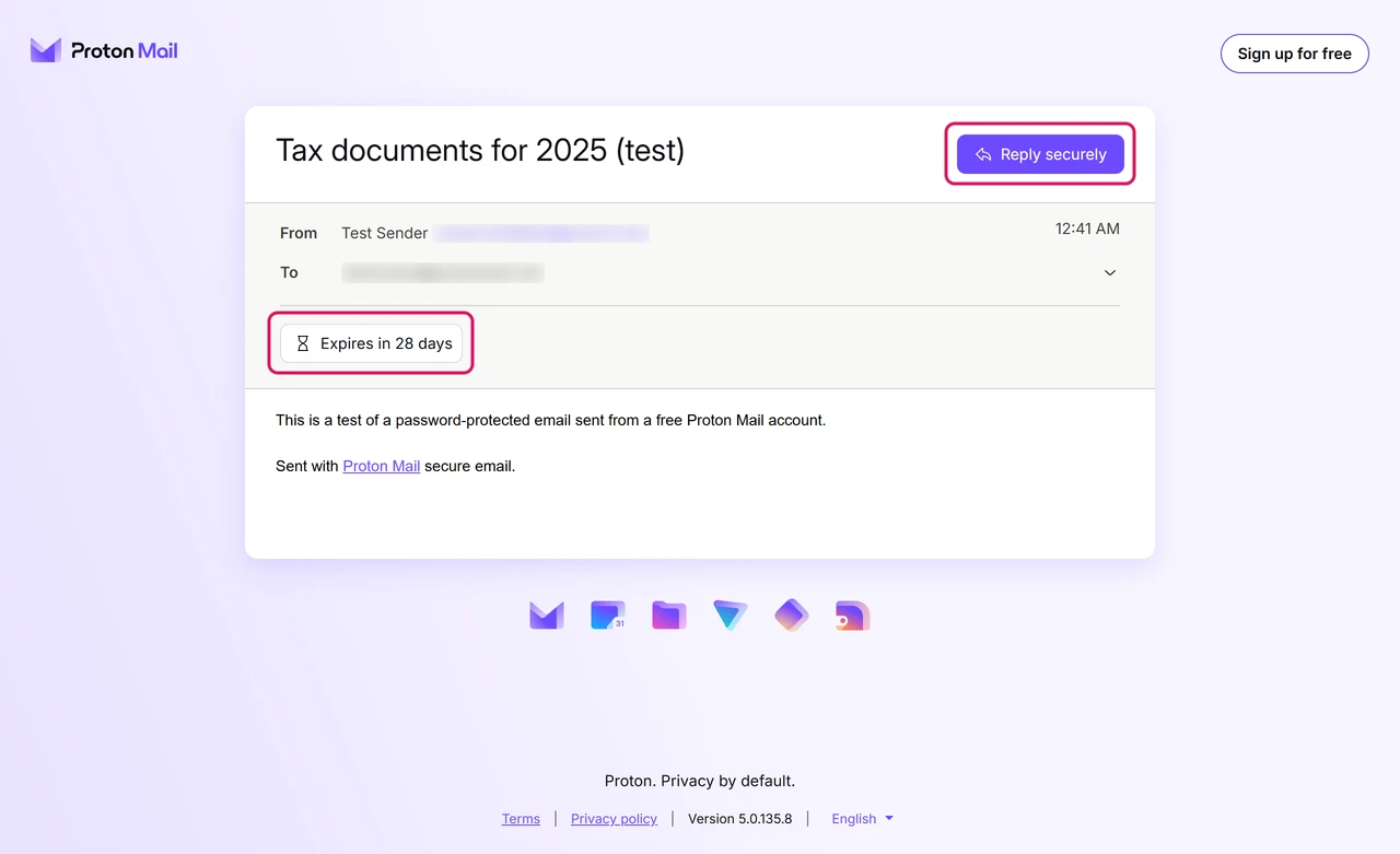 Decrypted Proton message in the browser with a Reply securely button and an Expires in 28 days label