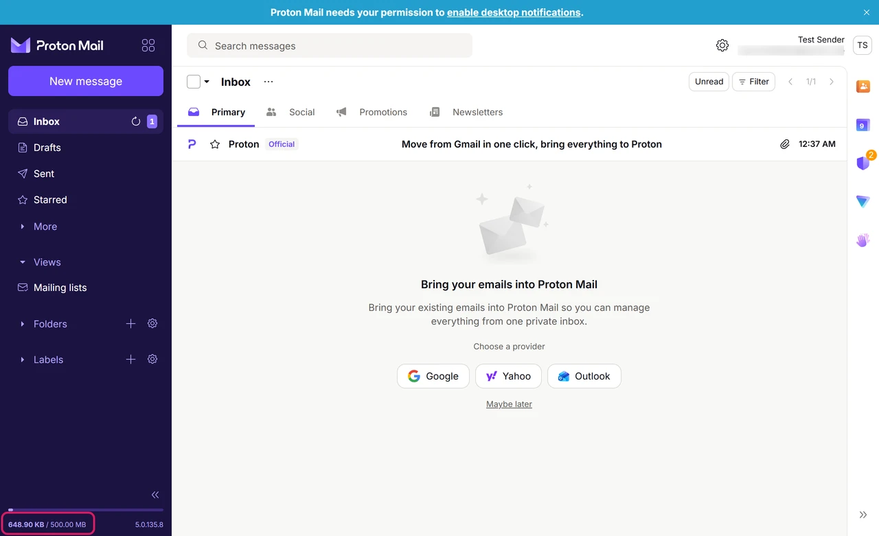 New free Proton Mail inbox with the storage meter reading 648.90 KB of 500.00 MB