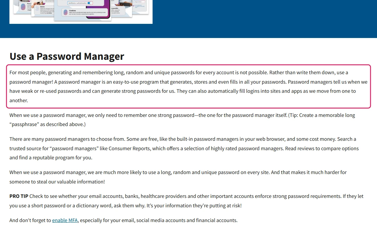 CISA Use Strong Passwords page, Use a Password Manager section with its definition of a password manager highlighted