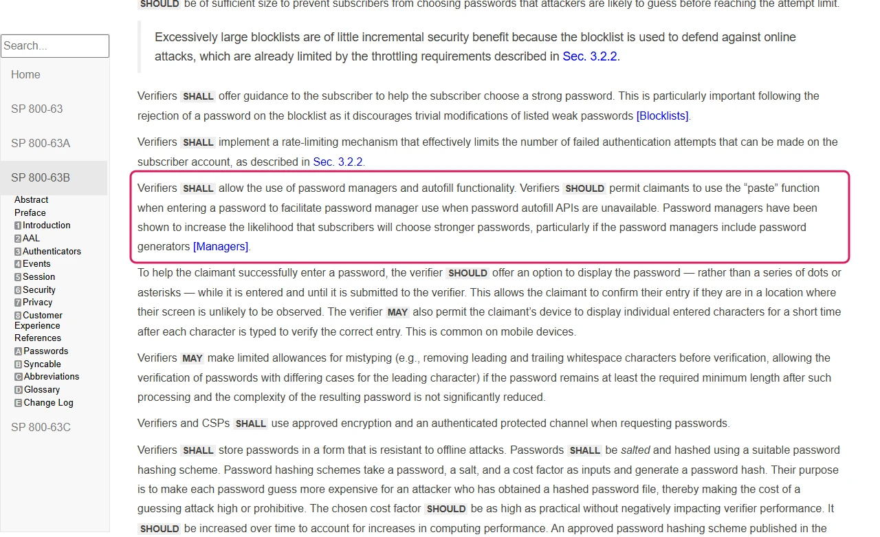 NIST SP 800-63B section 3.1.1.2 text requiring sites to allow password managers and autofill, highlighted
