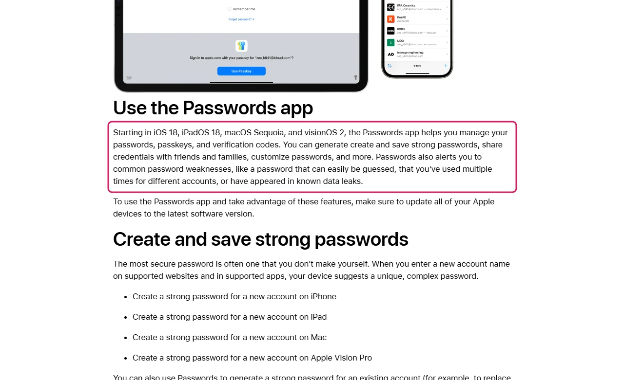 Apple Support article Use the Passwords app, paragraph on iOS 18 and macOS Sequoia highlighted