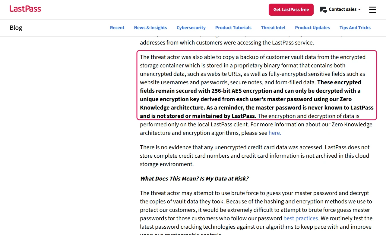 LastPass security incident notice paragraph on the copied vault backup with unencrypted URLs and encrypted passwords, highlighted