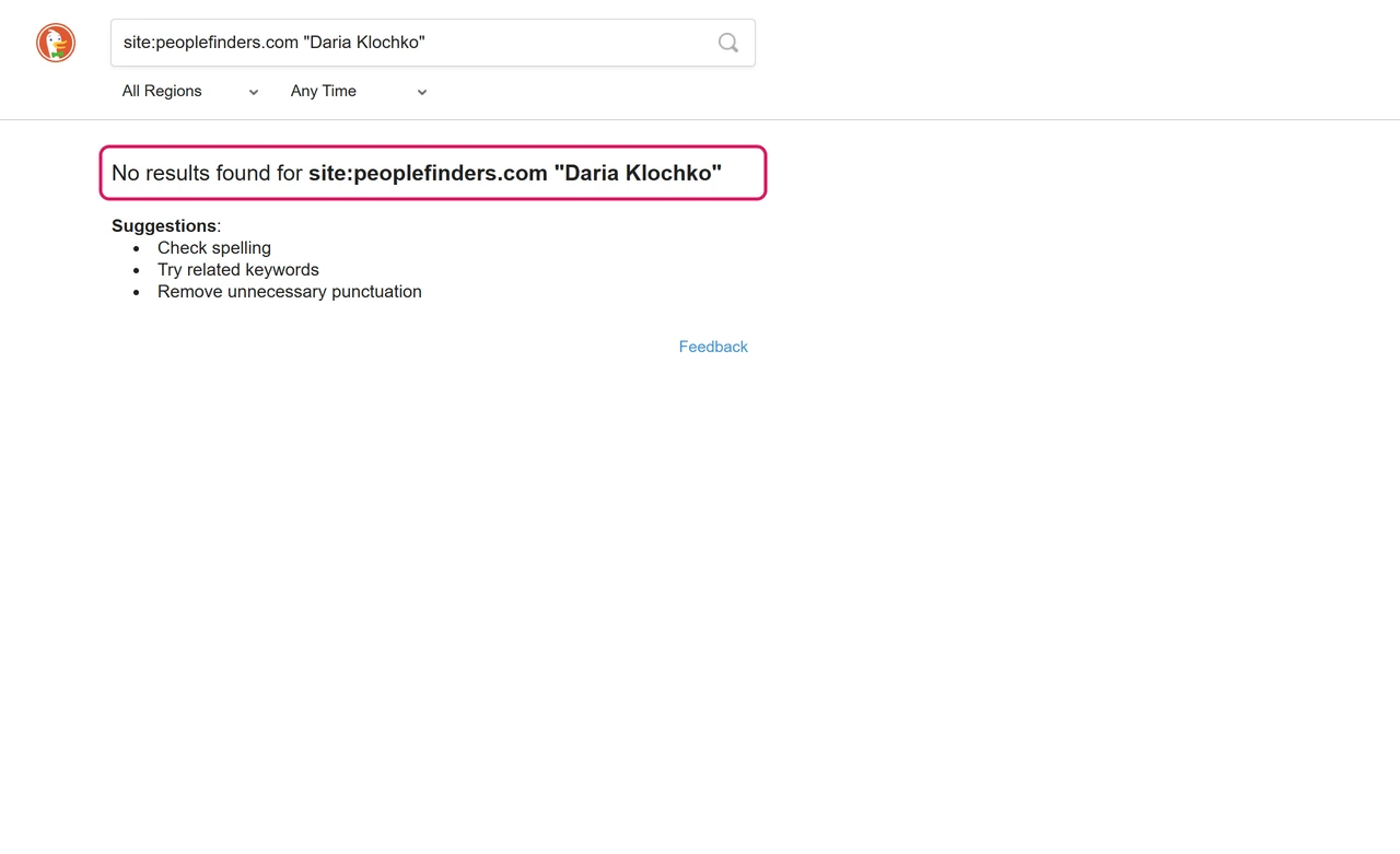 DuckDuckGo search for site:peoplefinders.com with the test name showing No results found