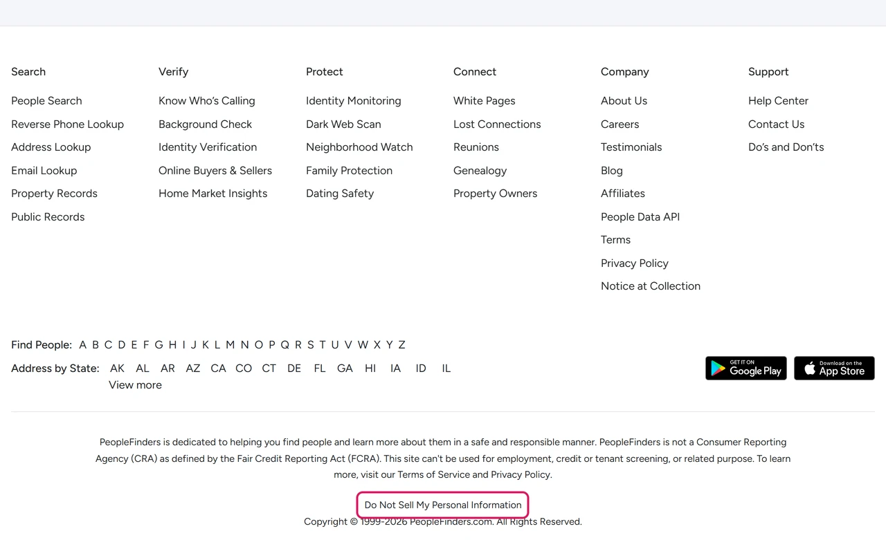 PeopleFinders homepage footer with the Do Not Sell My Personal Information link at the bottom