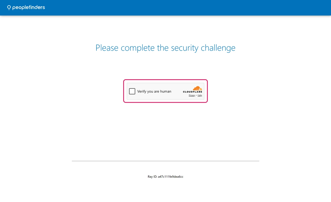 PeopleFinders do-not-sell page replaced by a Cloudflare security challenge with a Verify you are human checkbox