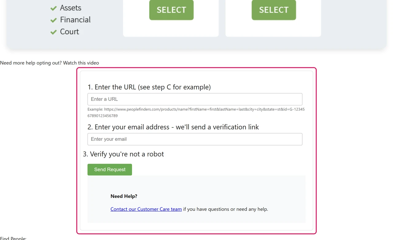 Archived PeopleFinders opt-out form asking for the profile URL, an email address and a robot check before Send Request