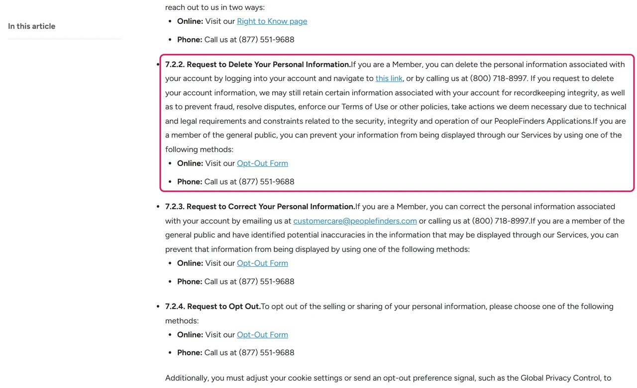 PeopleFinders Privacy Notice section 7.2.2 listing the Opt-Out Form and the phone number as the two ways to stop your information being displayed