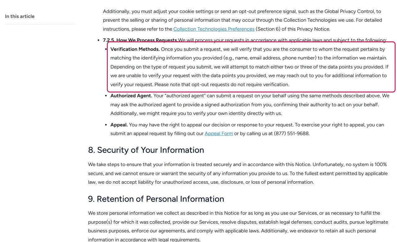 PeopleFinders Privacy Notice section 7.2.5 saying opt-out requests do not require verification