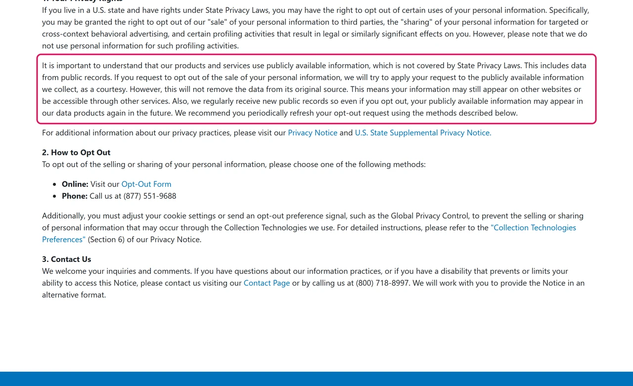 Archived PeopleFinders Notice of Right to Opt-Out saying opt-outs are applied as a courtesy and information may appear again in the future