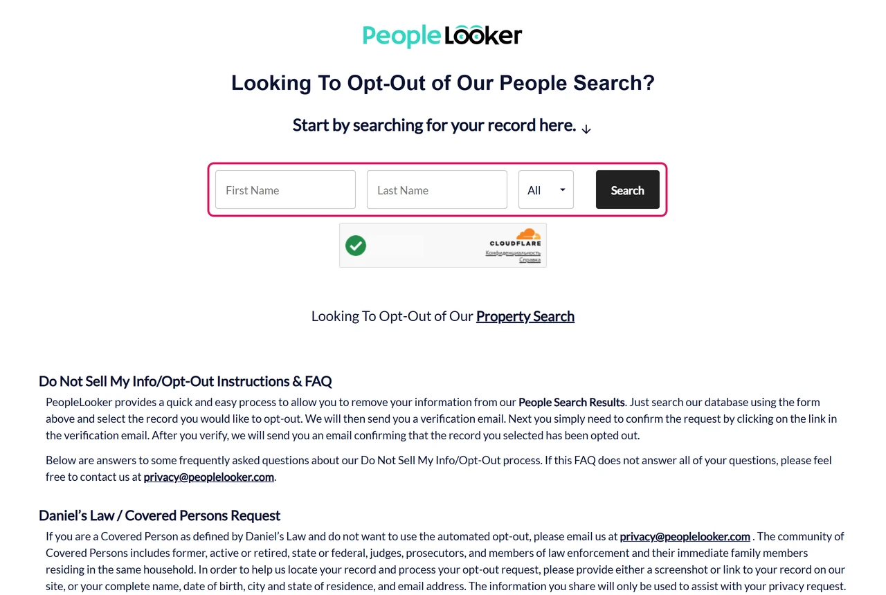 PeopleLooker opt-out page with first name, last name and state fields and a Search button