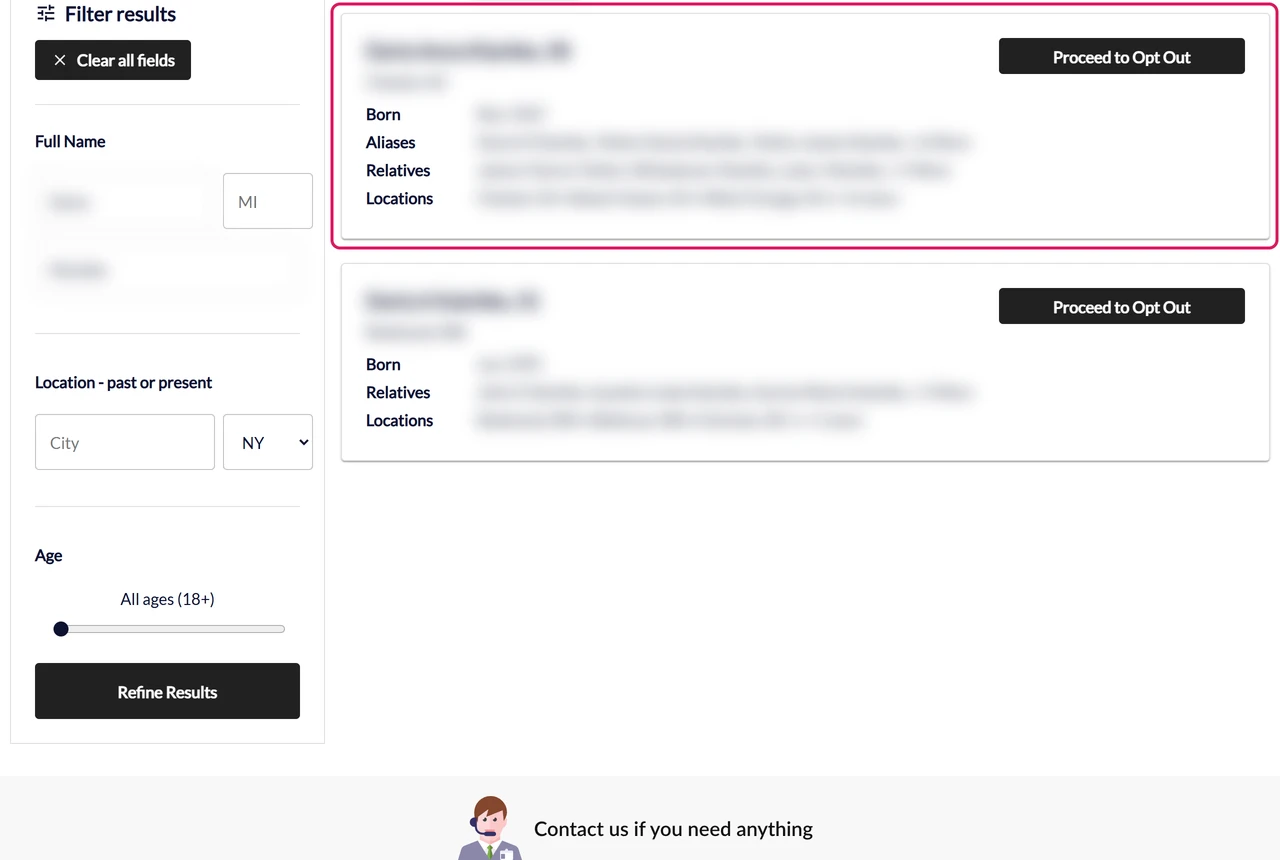 PeopleLooker opt-out search results with blurred records and Proceed to Opt Out buttons