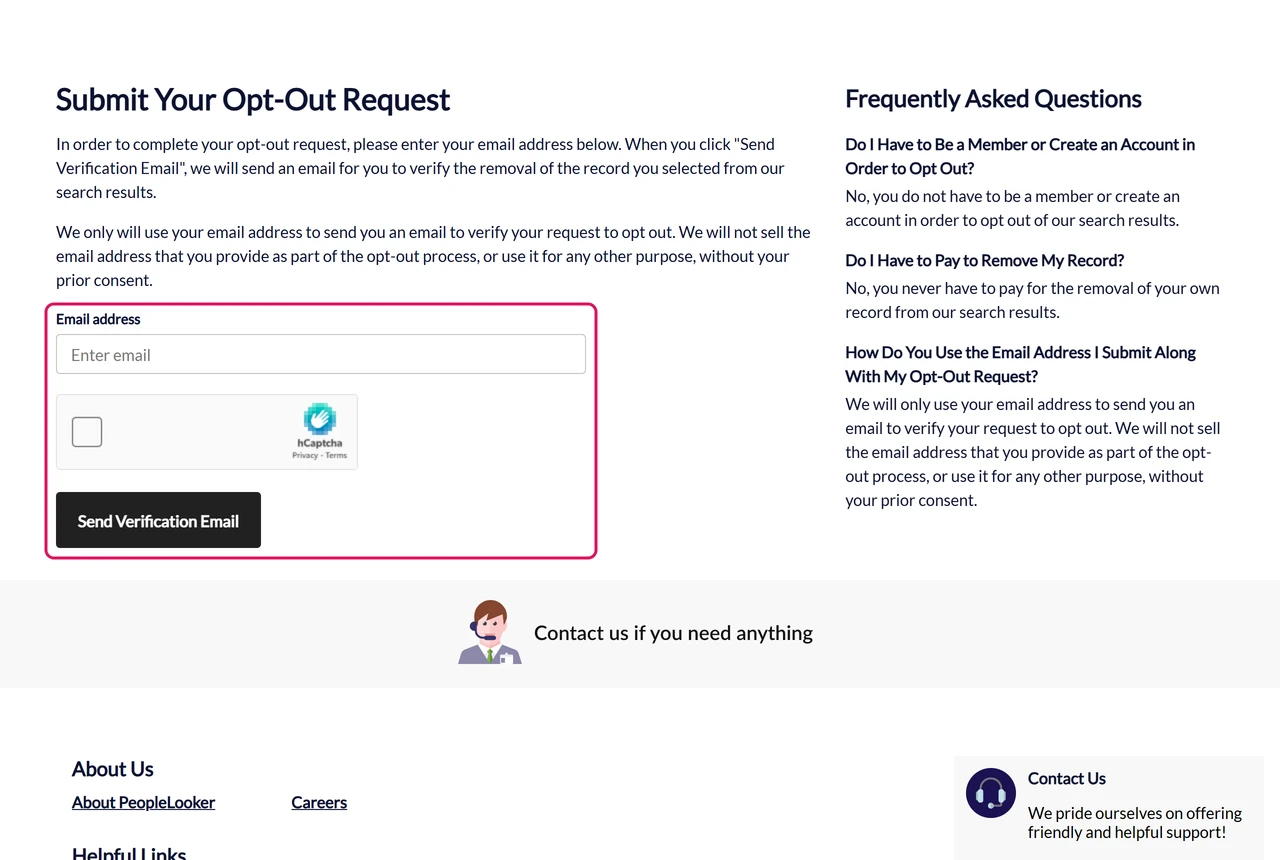 PeopleLooker Submit Your Opt-Out Request page with an email field, an hCaptcha box and a Send Verification Email button