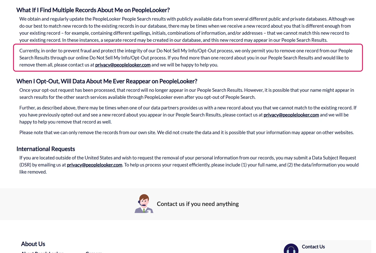 PeopleLooker FAQ saying the online opt-out removes one record and more records need an email to privacy@peoplelooker.com