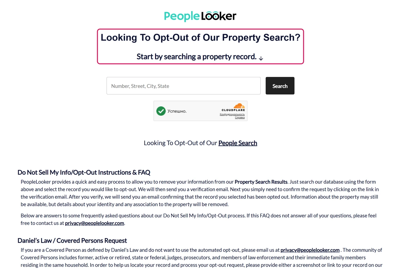 PeopleLooker Property Search opt-out page asking for a property address