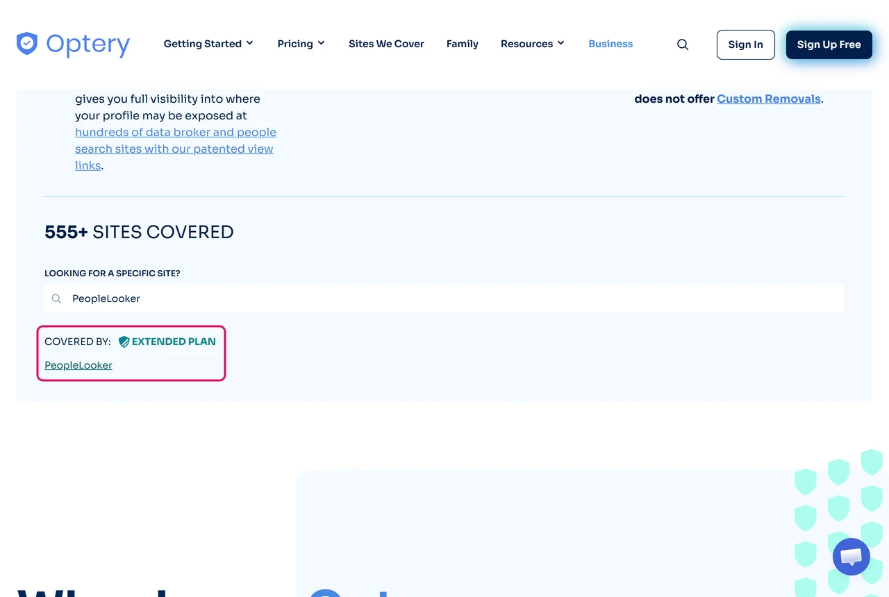 Optery pricing page site search showing PeopleLooker covered by the Extended plan
