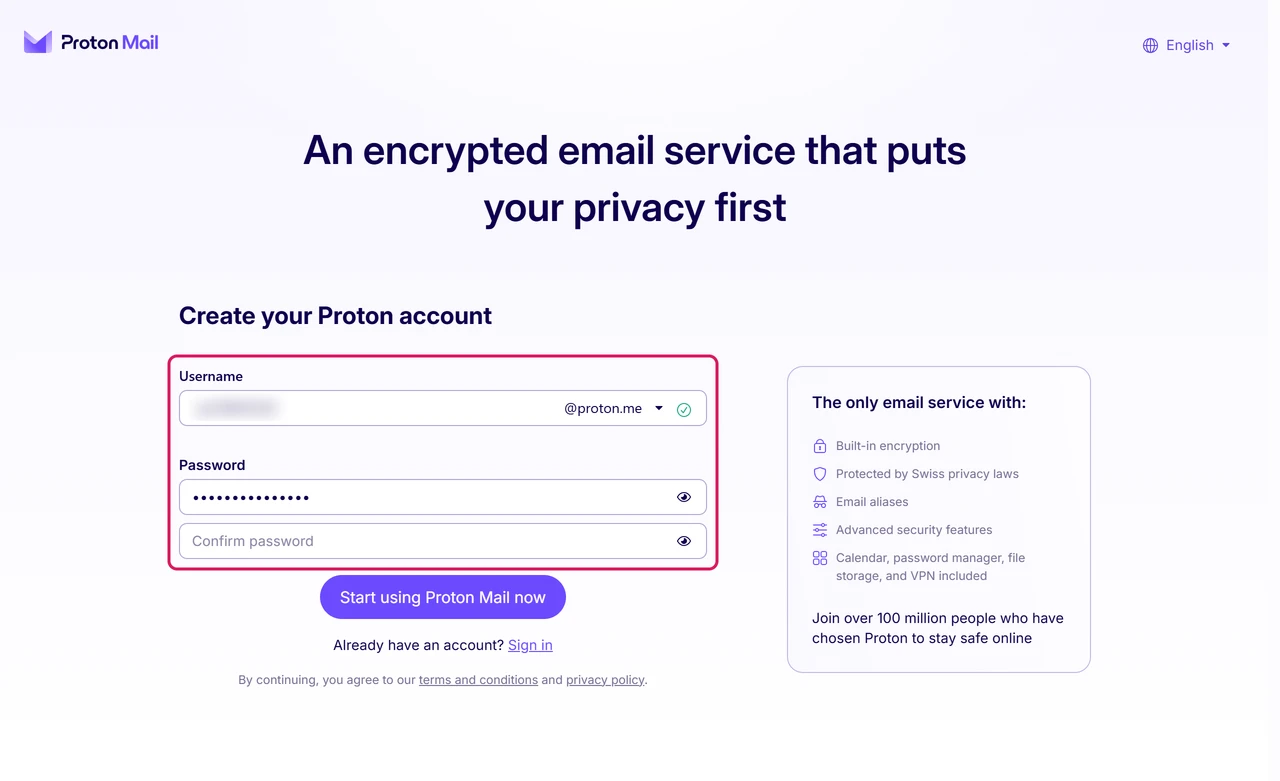 Proton Mail free sign-up form asking only for a username and a password