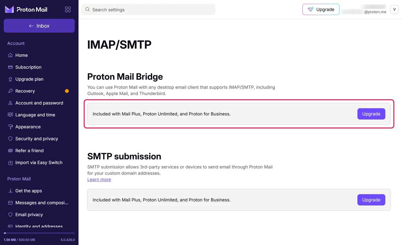 Proton Mail IMAP/SMTP settings page on the free plan with Bridge marked as included with Mail Plus and an Upgrade button