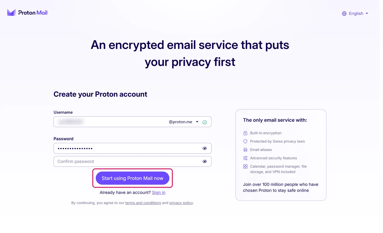 Proton Mail sign-up form with username and password fields and the Start using Proton Mail now button
