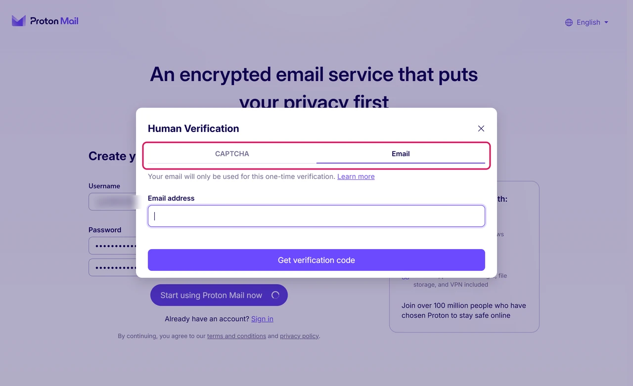 Proton Human Verification dialog with a CAPTCHA tab and an Email tab for a one-time code