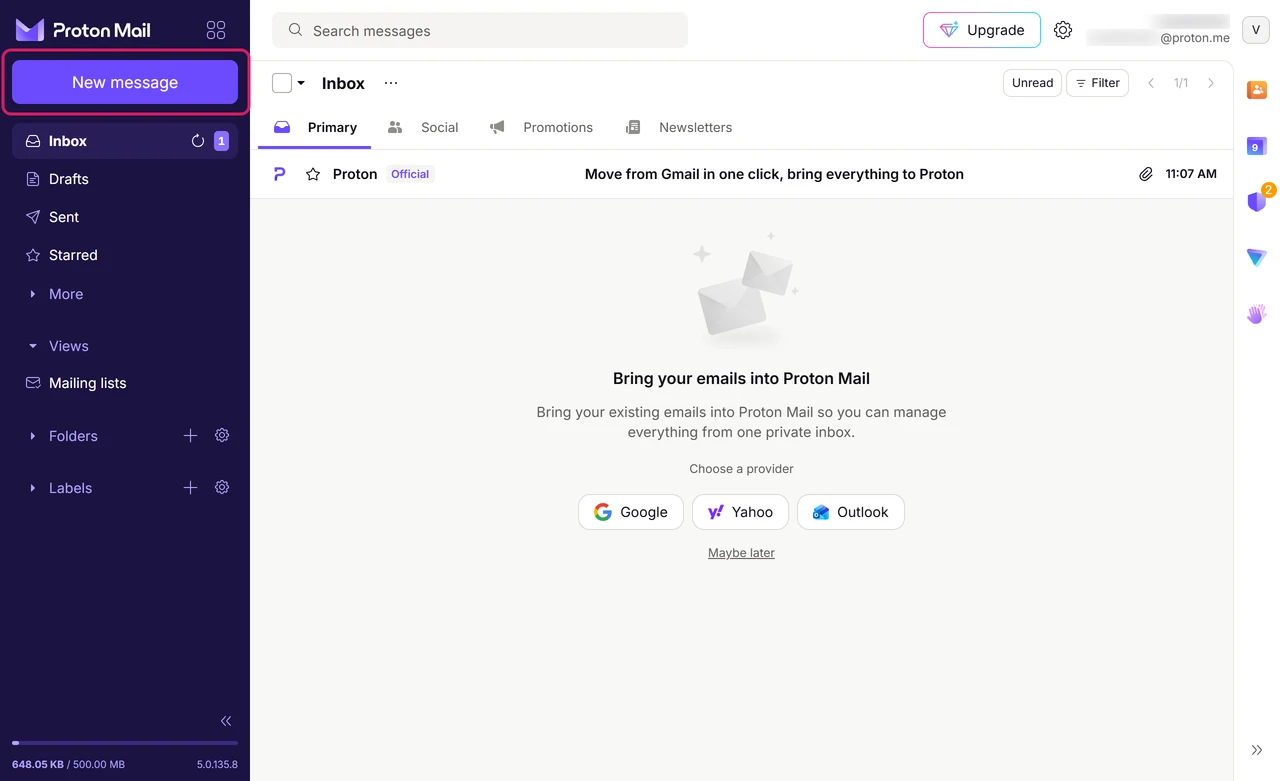 Proton Mail inbox on a new free account with the New message button and the Easy Switch import prompt