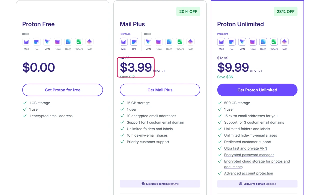 Proton Mail pricing page in USD with the 12-month Mail Plus price of $3.99 a month