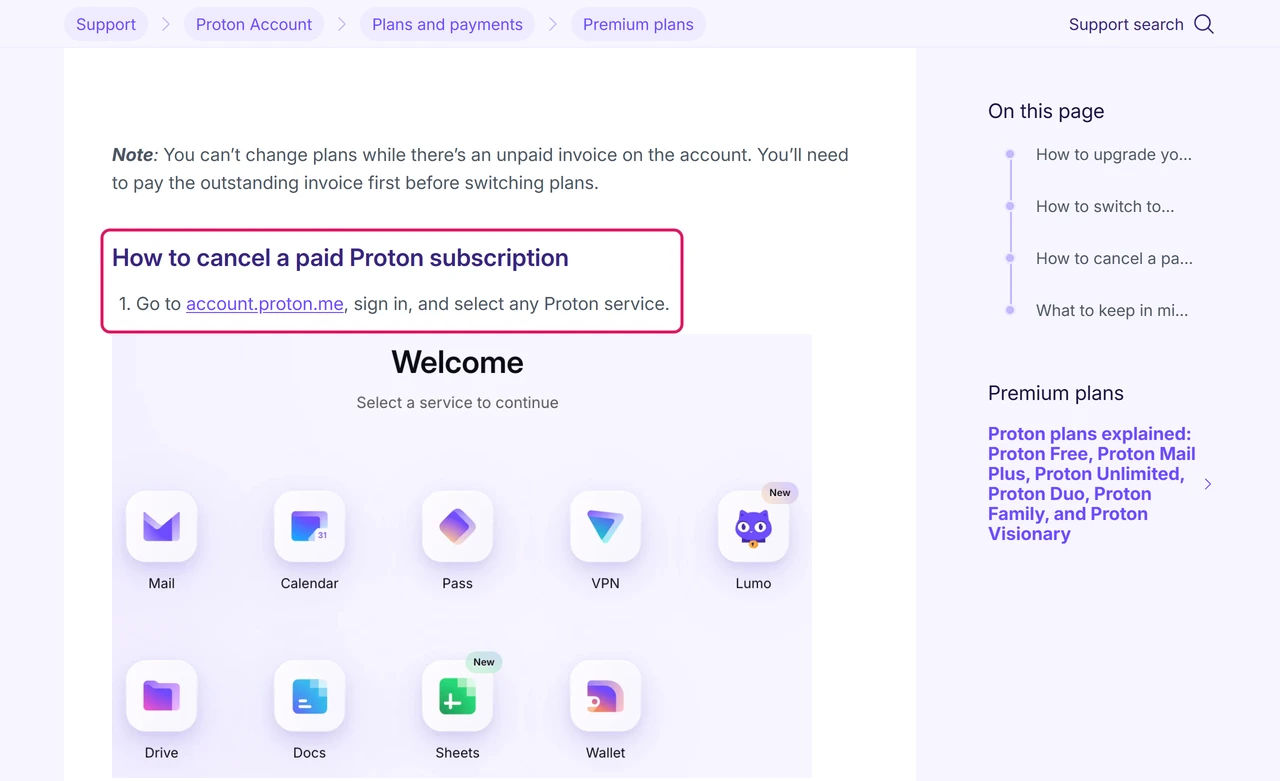 Proton help center article section titled How to cancel a paid Proton subscription, step 1