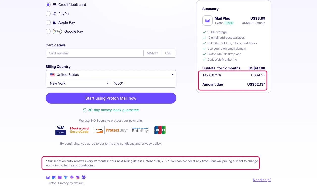 Proton Mail Plus checkout summary with subtotal US$47.88, New York tax 8.875% US$4.25, amount due US$52.13, and an auto-renewal note