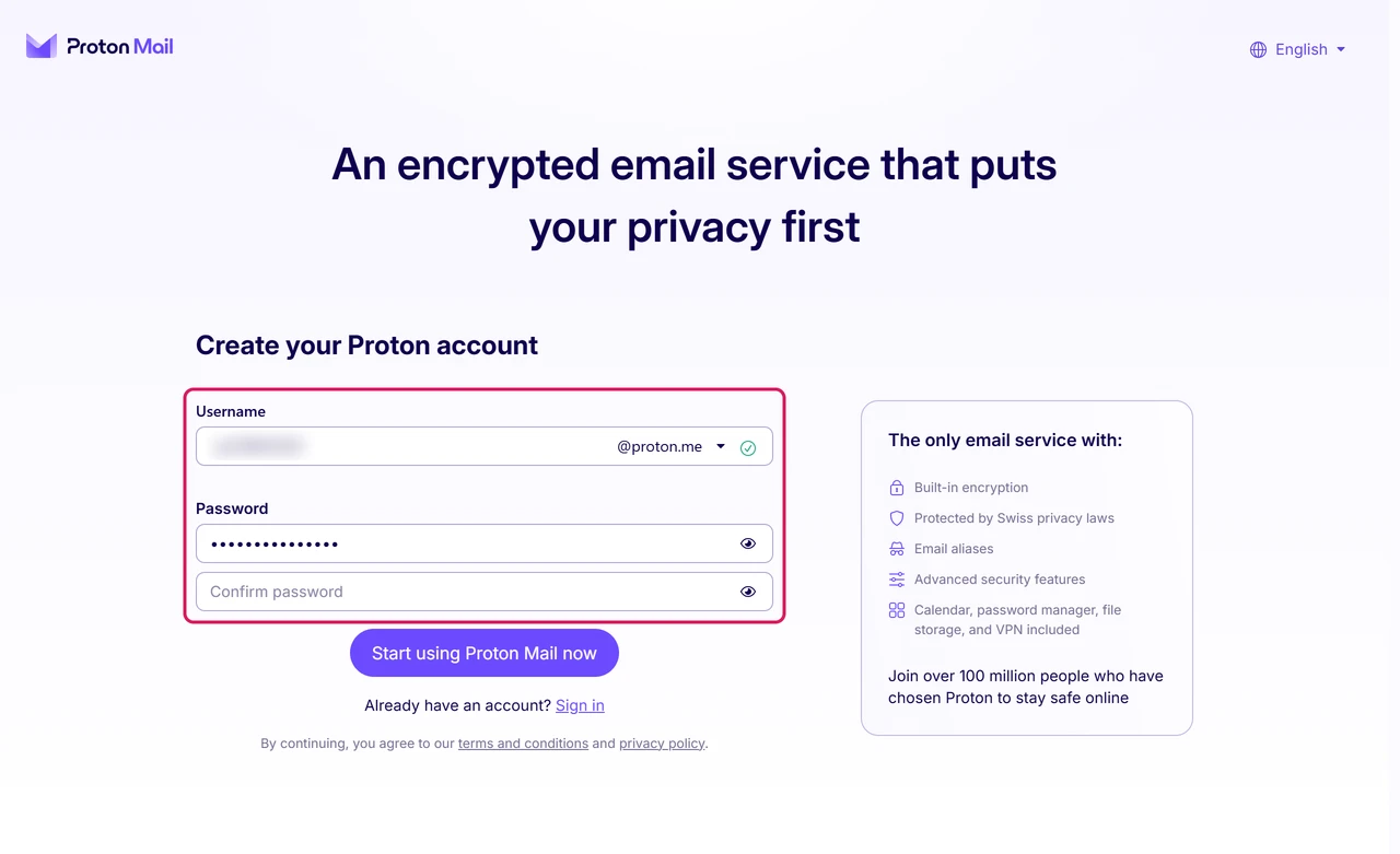 Proton Mail signup form with Username, Password and Confirm password fields and a Start using Proton Mail now button