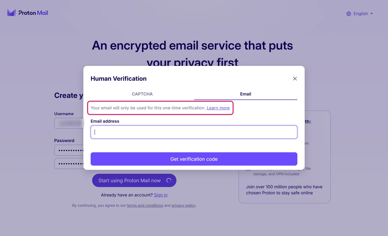 Proton Human Verification dialog with CAPTCHA and Email tabs and the note Your email will only be used for this one-time verification