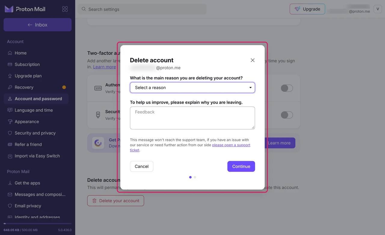 Proton Delete account dialog asking for the main reason and optional feedback, with Cancel and Continue buttons