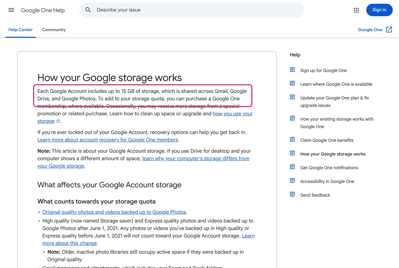 Google One Help page saying each Google Account includes up to 15 GB of storage shared across Gmail, Google Drive and Google Photos