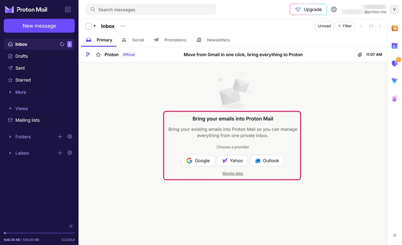 Proton Mail free inbox offering to bring your emails into Proton Mail with Google, Yahoo and Outlook buttons