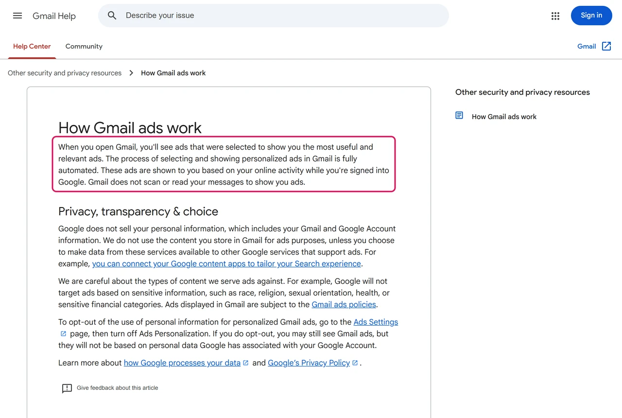 Gmail Help page How Gmail ads work saying ads are based on your online activity and Gmail does not scan or read your messages to show you ads