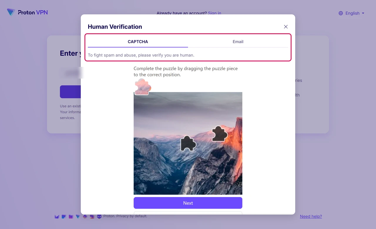 Proton VPN free sign-up with the Human Verification dialog offering a CAPTCHA puzzle or an email code, the tabs and the instruction highlighted