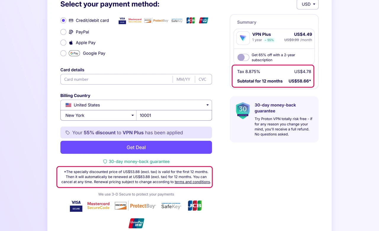 Proton VPN Plus checkout with New York billing showing 8.875 percent tax of US$4.78 and US$58.66 for 12 months, and the note that it renews at US$83.88