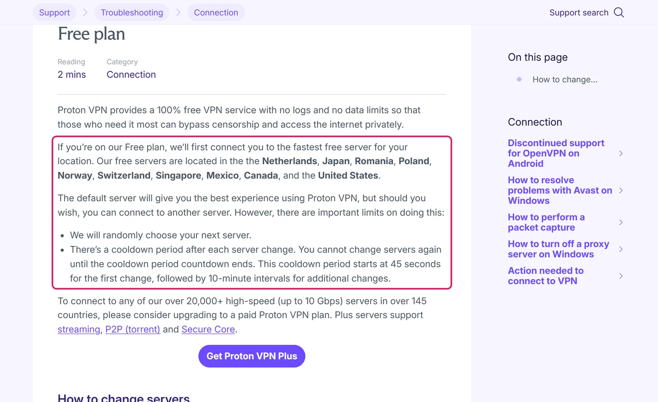 Proton VPN help article on changing servers on the free plan with the list of free server countries and the cooldown rules highlighted