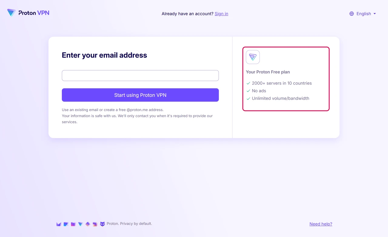 Proton VPN free sign-up page asking for an email address, with the Proton Free plan summary of 2,000 servers in 10 countries, no ads and unlimited bandwidth highlighted