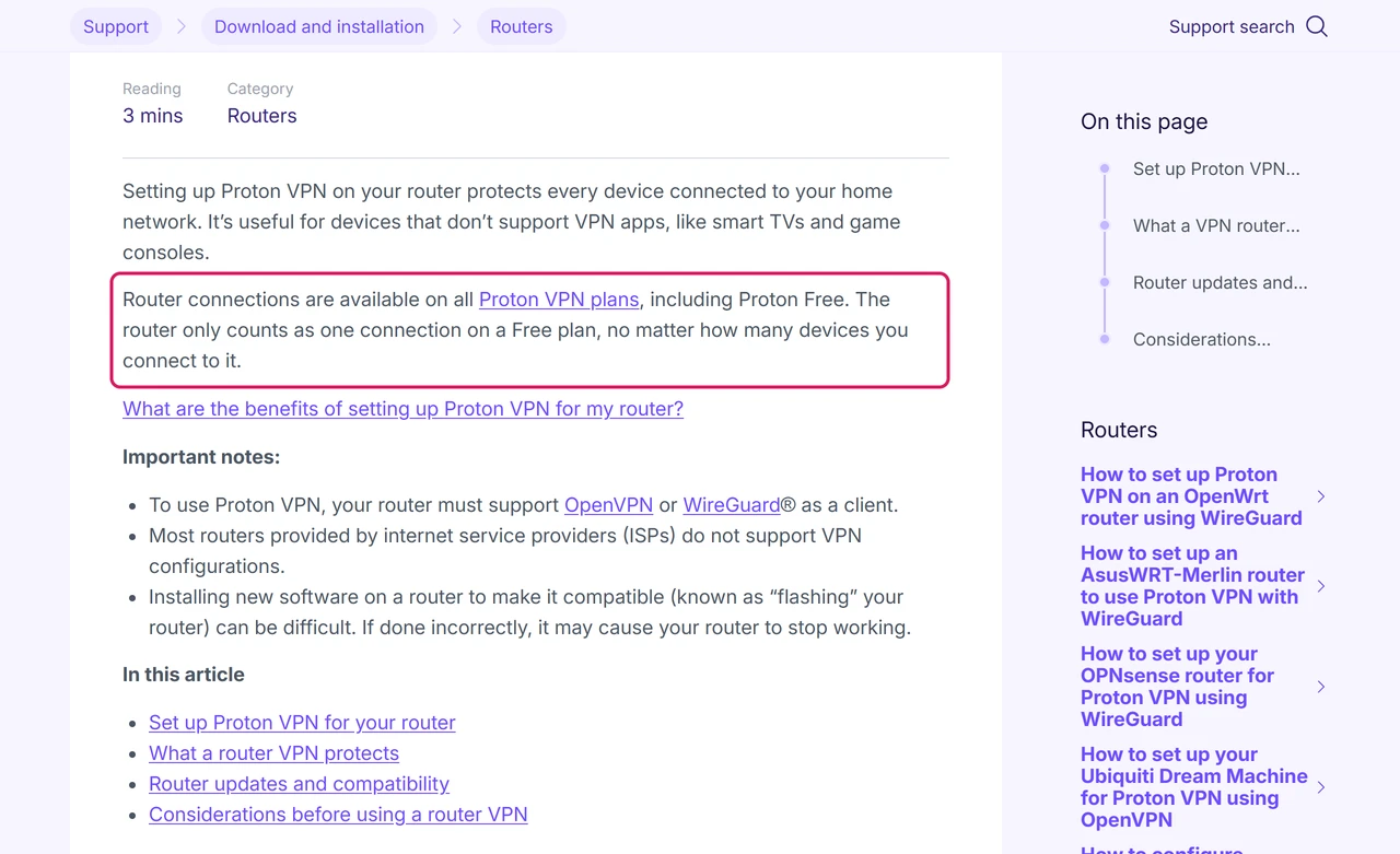 Proton VPN support page on installing the VPN on a router, with the note that router connections are available on all plans including the free one and count as one connection