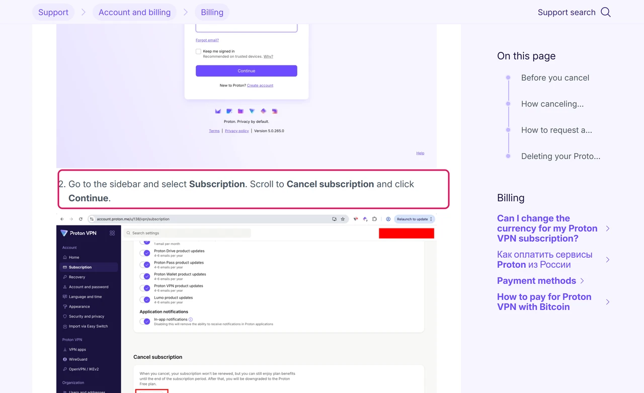 Proton VPN help article on canceling a subscription with the step to select Subscription in the sidebar and click Continue under Cancel subscription highlighted