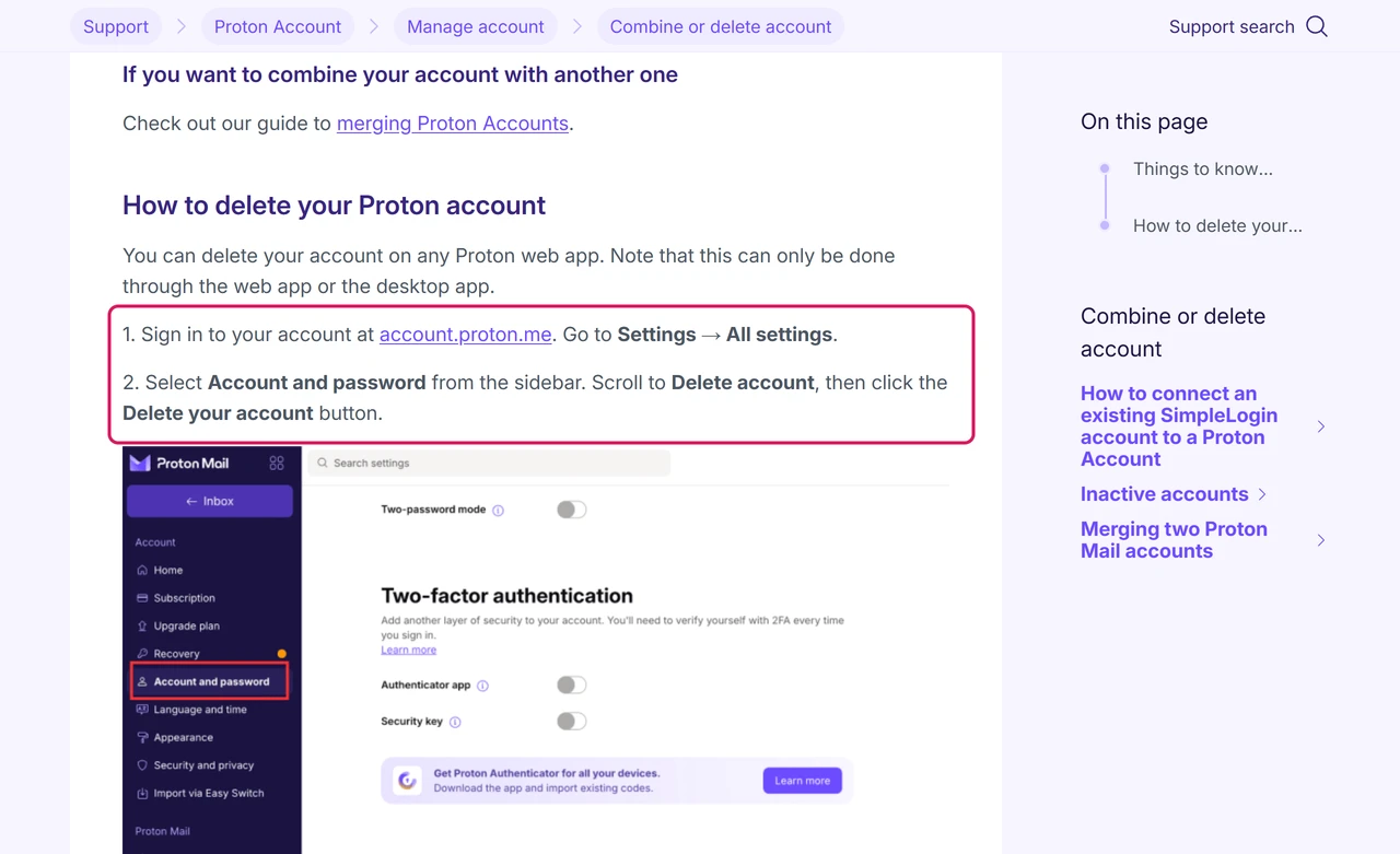 Proton help article on deleting a Proton account with the first two steps highlighted: All settings, then Account and password and Delete your account