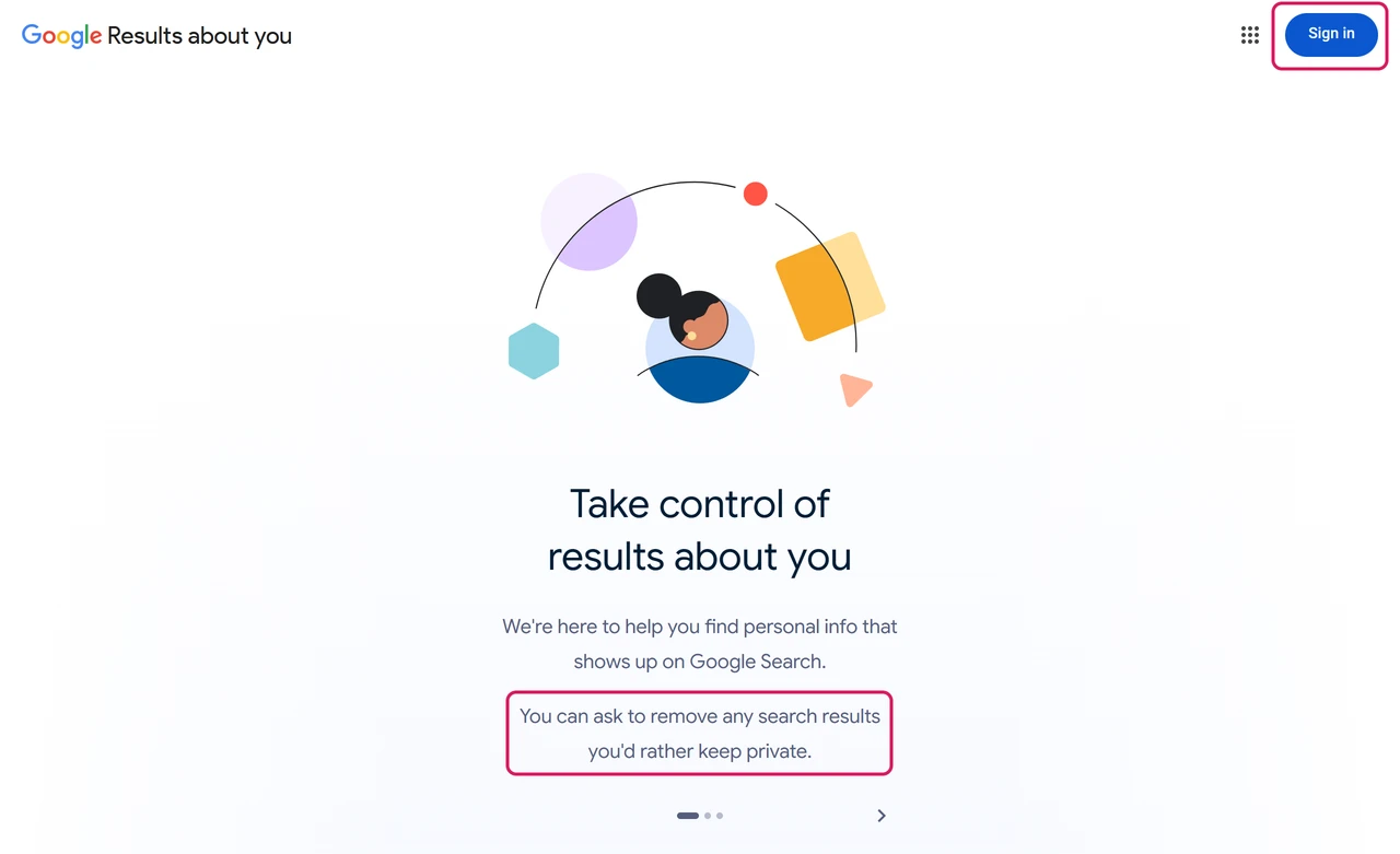 Google Results about you start page saying you can ask to remove search results you'd rather keep private, with a Sign in button