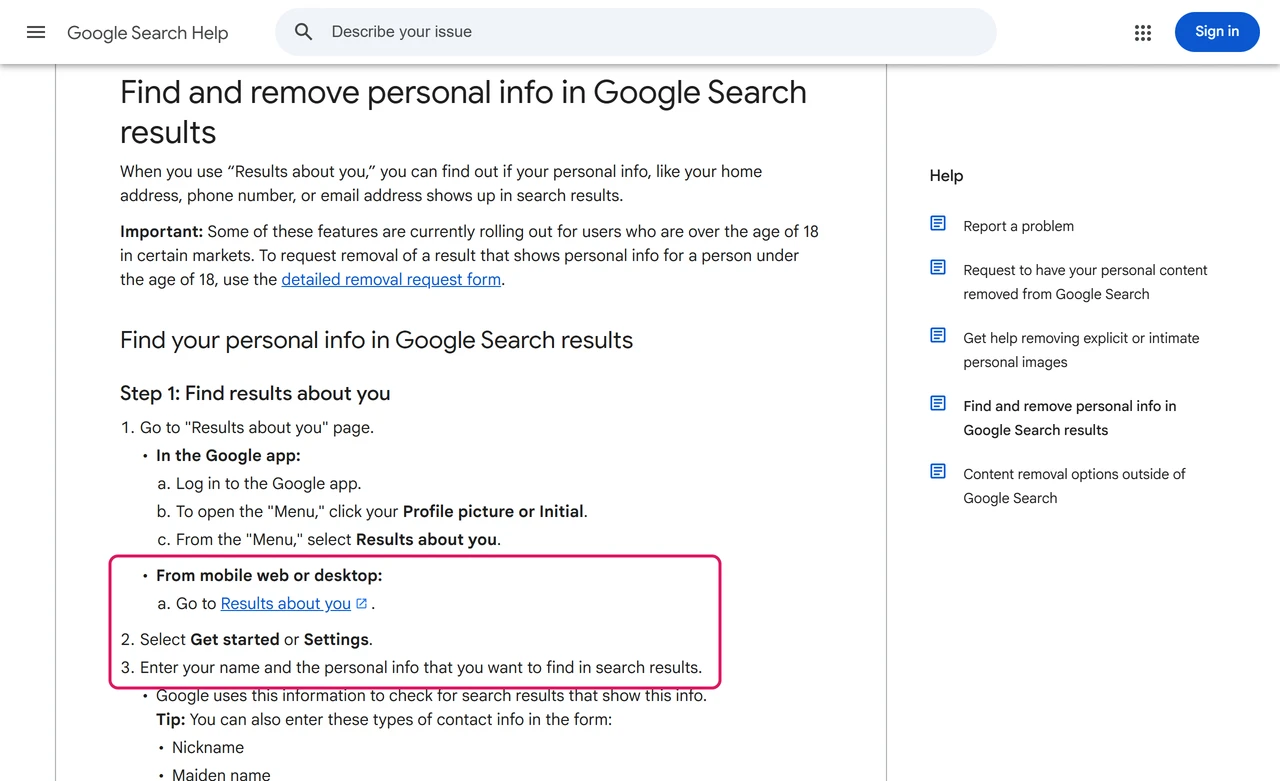 Google Search Help steps: go to Results about you, select Get started or Settings, enter your name and personal info