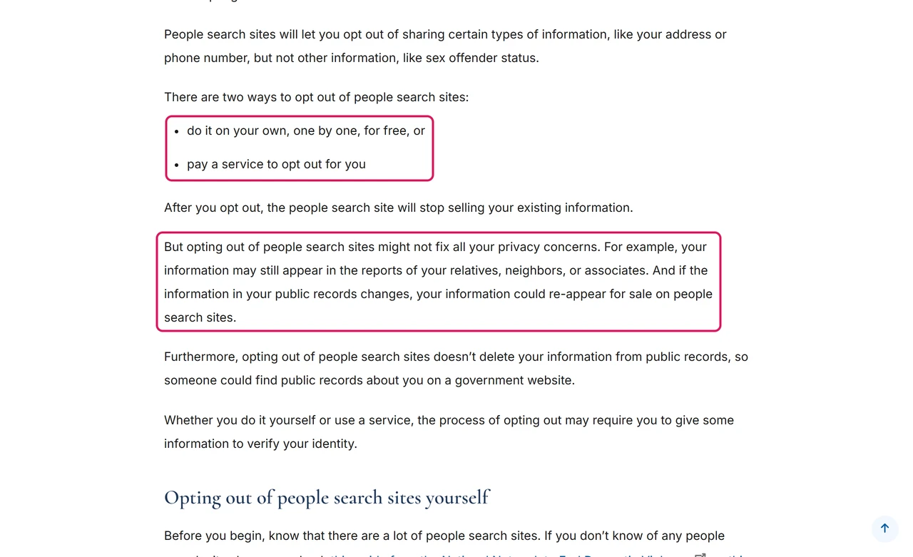 FTC consumer advice: two ways to opt out of people search sites, and a warning that your information could re-appear