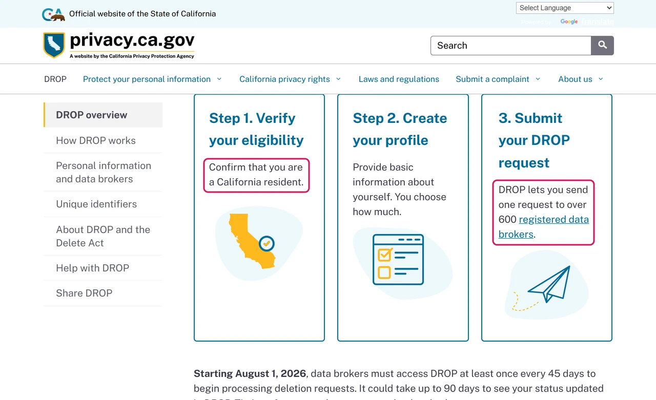 California DROP page: verify you are a California resident, create a profile, send one request to over 600 registered data brokers
