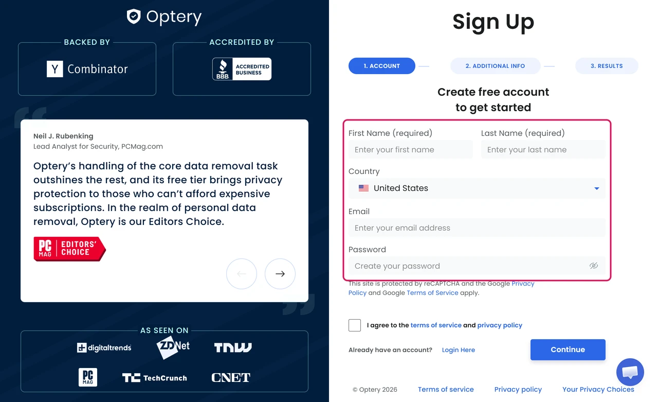 Optery sign-up form, step 1 of 3: first name, last name, country, email and password, no card field