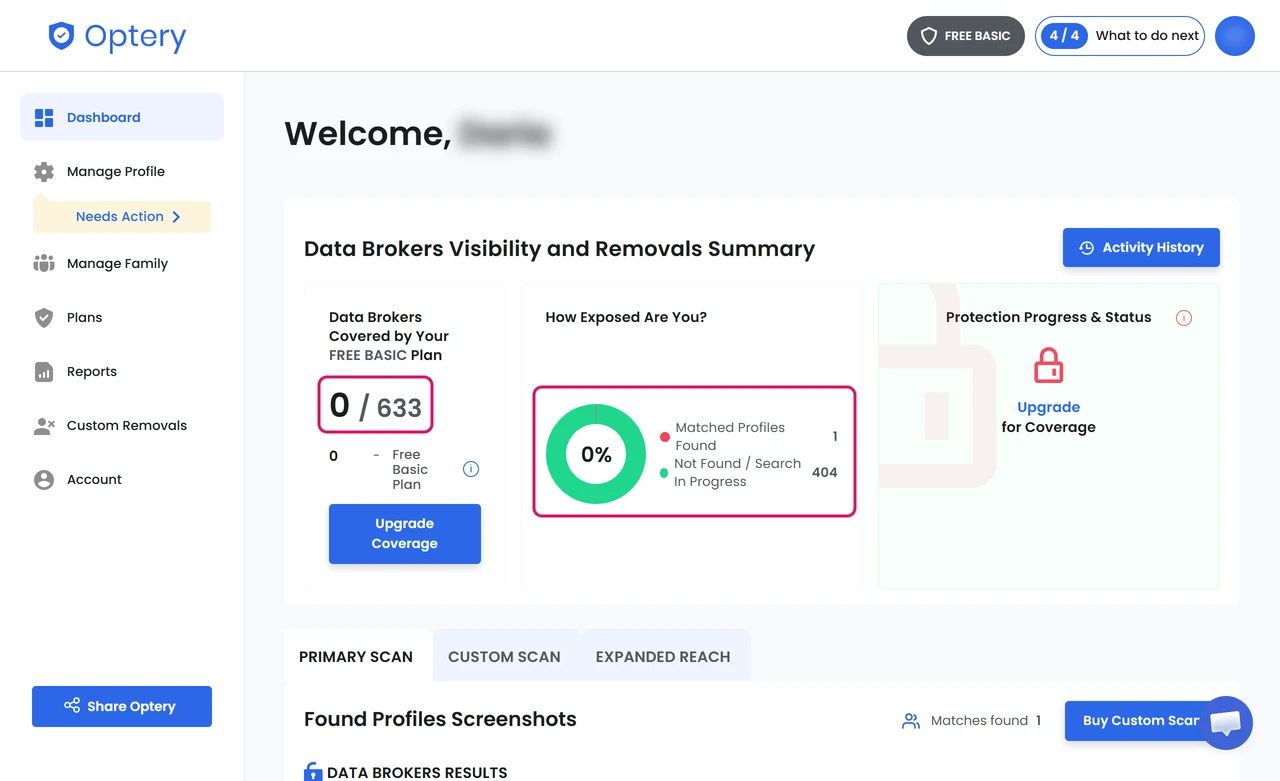 Optery dashboard on the free plan: 0 of 633 data brokers covered, 1 matched profile and 404 sites not found or still searching