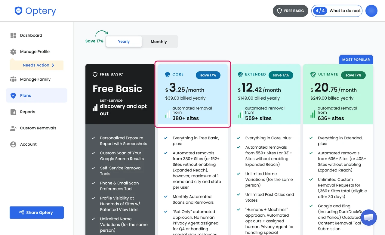 Optery yearly plans in the account: Free Basic, Core $39.00 billed yearly for 380+ sites, Extended $149.00, Ultimate $249.00