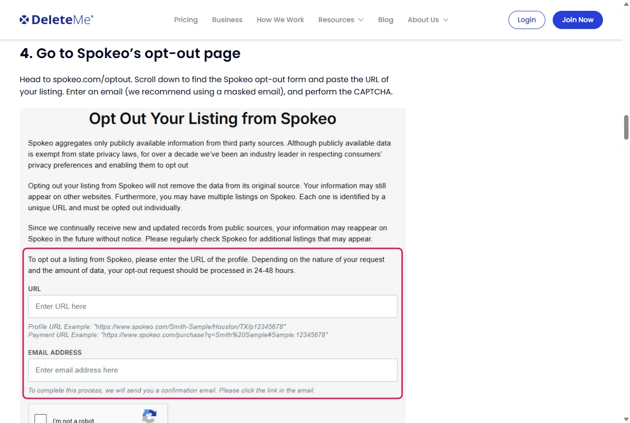 DeleteMe guide showing a screenshot of Spokeo's Opt Out Your Listing form with URL and email fields and a 24-48 hours note