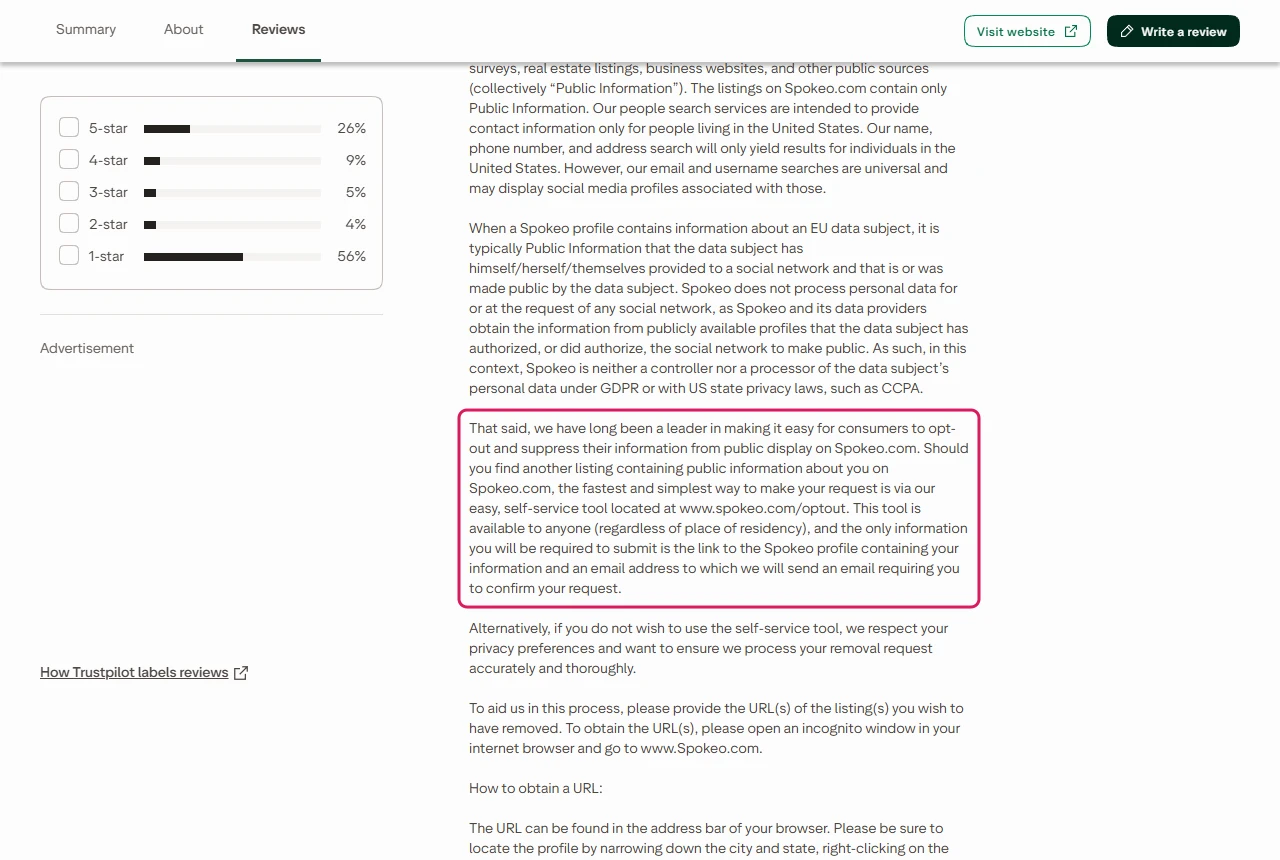 Spokeo's reply on Trustpilot explaining that its opt-out tool needs only the profile link and an email address